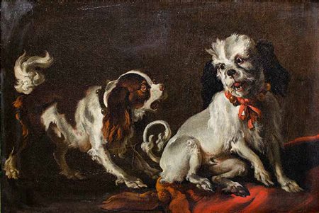 SCUOLA INGLESE DEL XIX SECOLO CANI olio su tela, cm 36x52,5. Iscritto al...