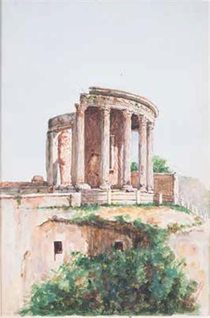 SCUOLA ROMANA DEL XIX SECOLO TEMPIO DI VESTA A TIVOLI tempera e acquerello su...