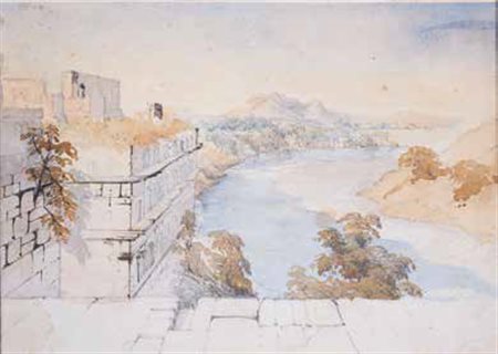 SCUOLA INGLESE DEL XIX SECOLO ARCHITETTURE LUNGO FIUME INDIANO acquerello su...