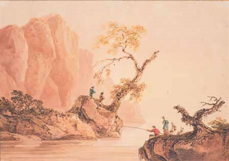 SCUOLA FRANCESE DEL XIX SECOLO PESCATORI SUL LAGO acquerello su carta, cm 29x40