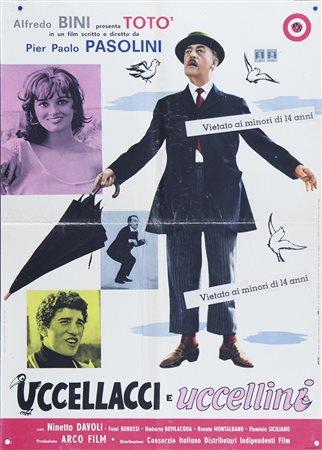 UCCELLACCI E UCCELLINI (1966) Manifesto, cm 93x67 film con Totò presenza di...