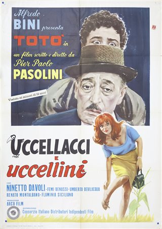 UCCELLACCI E UCCELLINI (1966) Manifesto, cm 140x100 film con Totò presenza di...