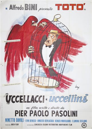 UCCELLACCI E UCCELLINI (1966) Manifesto, cm 200x140 film con Totò firmato...