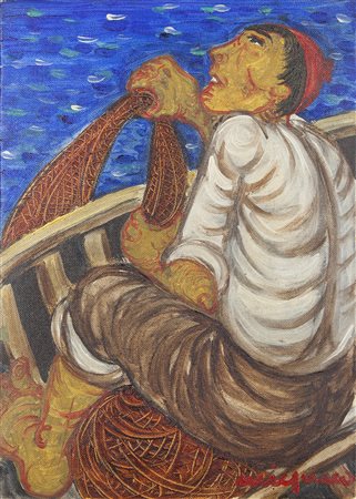Giuseppe Migneco Messina 1903 – Milano 1997 "Pescatore" olio su tela anno...