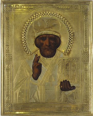 Icona dipinta su tavola raffigurante Papa con riza in metallo dorato. cm. 23x18.