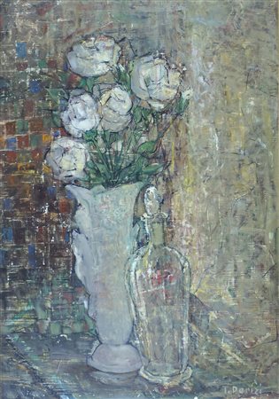 Tiziano Perizi Trieste 1895-1975 "Rose bianche nel vaso di cristallo" cm....