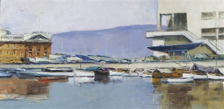 Nicola Sponza Corfù 1914-Trieste 1996 Trieste, barche" cm. 30x60 - olio su tela