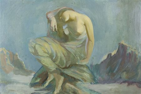 Pittore primi '900 "Donna tra i sassi" cm. 46x68 - olio su cartone Dipinto...