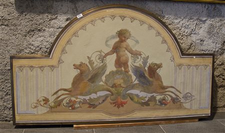Pittore del XIX secolo "Putto con figure alate" cm. 85x157 - pittura murale...