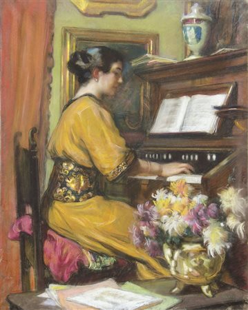 Carlo Wostry Trieste 1865-1943 "Ragazza al piano" cm. 99x78 - pastelli...