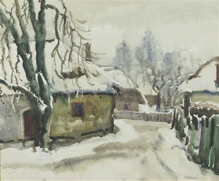 Giovanni Giordani 1884-1964 "Paesino sotto la neve" cm. 50x60 - acquerello su...