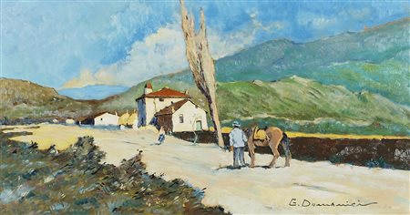 G. Dominici "Paesaggio con case" cm. 23x43 - olio su tavola Firmato b. a d.