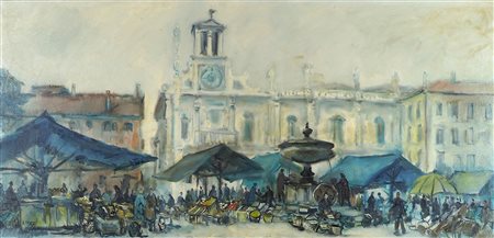 Bepi Liusso 1911-1993 "Mattino in Piazza S. Giacomo a Udine" cm. 50x100 -...