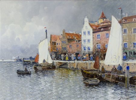 A. Defort "Grande veduta di porto di mare" cm. 73x100 - olio su tela Firmato...