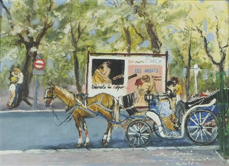 Walter Piacesi 1929 "Fiacre in sosta in una via di Cattolica" cm. 30x40 -...