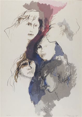 Augusto Murer 1922-1985 "Volti" cm. 70x50 - litografia a colori Firmato b. a...