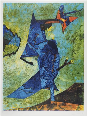 Gianni Dova Roma 1925-1991 "Uccello blu" cm. 90x70 - litografia a colori...