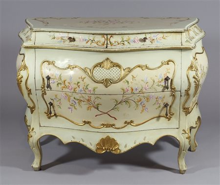 Cassettone in legno in stile veneziano a 4 cassetti, fronte e fianchi...