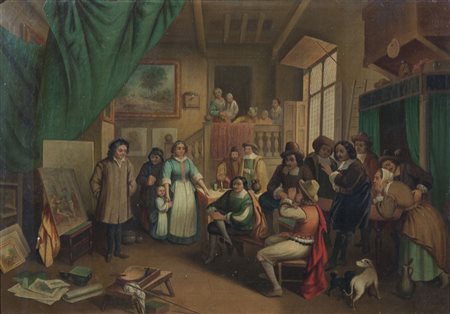 Pittore del XIX secolo "Scena in un interno" cm. 27x39 - olio su tela