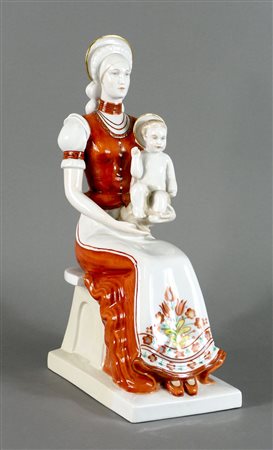 Herend: grande scultura in orcellana policroma raffigurante Madonna con...