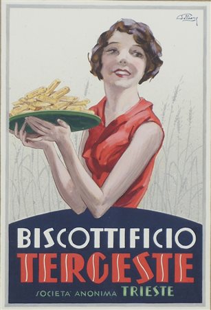 Pollione Sigon 1895-1971 "Biscottificio Tergeste" cm. 22x15 - bozzetto...