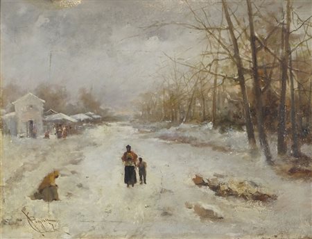 Giuseppe Pogna Trieste 1845-1907 "Risveglio sotto la neve" cm. 28x35 - olio...