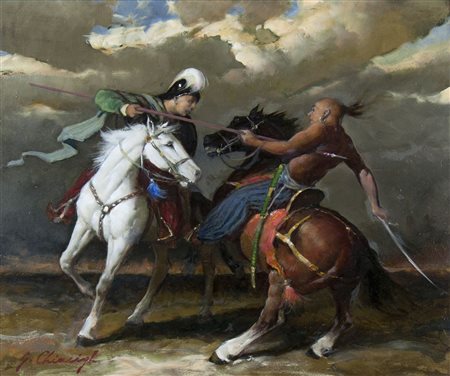 Giuseppe Chiacigh Wladikawkaz 1895-Trieste 1967 "Duello" cm. 50x60 - olio su...