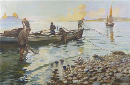 Franco Cernivez 1876-1923 "Pescatori al lavoro" cm. 100x150 - olio su tela...