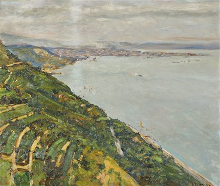 Ugo Flumiani Trieste 1876-1938 "Porto di Trieste dall'alto" cm. 50x58 - olio...