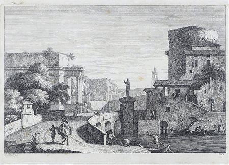 "Paesaggio con ponte" cm. 32x43 - Mar. Ricci pinx.