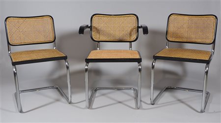 Gavina: lotto di 4 sedie e 2 poltrone impagliate modello Cesca. Con etichette...