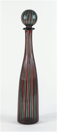 Venini: grande bottiglia della serie "morandiane" in vetro a canne verdi e...