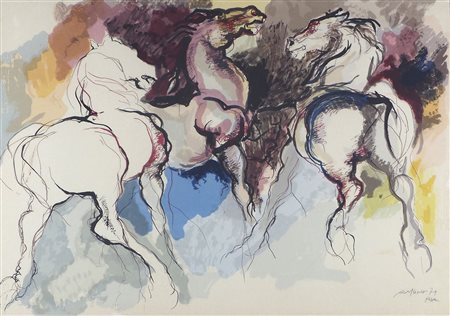 Augusto Murer 1922-1985 "Cavalli" cm. 50x70 - litografia a colori Firmato b....