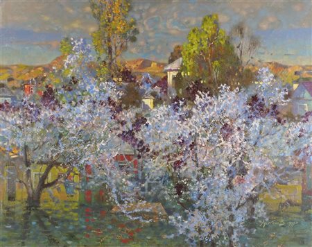 Ovanes Lousseguenov "Alberi in fiore" cm. 75x95 - olio su tela Firmato b. a...