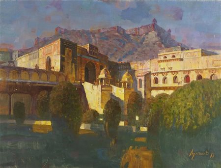 Ovanes Lousseguenov "Il Tempio" cm. 60x80 - olio su tela Firmato b. a d. e...