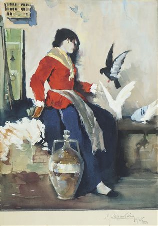 Pittore del XIX secolo "Giovane popolana" cm. 40x30 - acquerello su carta...