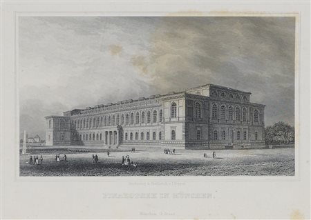 Cartella contentente 8 stampe raffiguranti palazzi di Monaco di Baviera, cm....