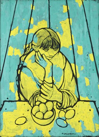FELICE CASORATI, Ragazza seduta e scodella con le uova, Tempera su carta...