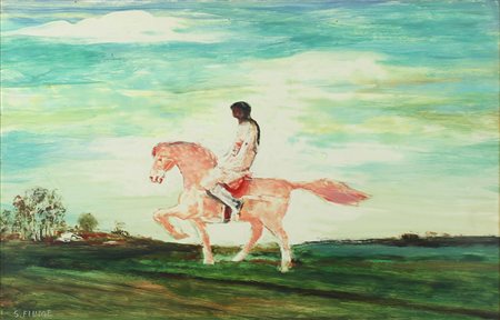 SALVATORE FIUME, Cavaliere, Olio su faesite Dim. 35x55 Autentica su foto da...