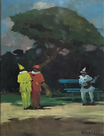 RENATO NATALI, Maschere, Olio su tavola Dim. 50x35 Al verso titolo e firma...
