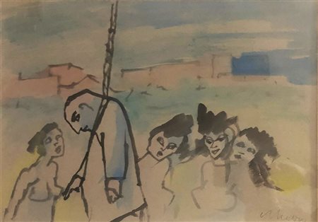 MINO MACCARI, L'impiccato, Tecnica mista su carta Anni 80 Dim. 35x50...