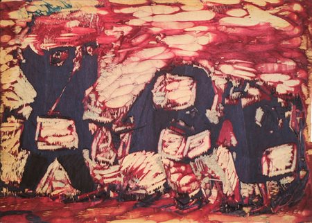 MINO MACCARI, Figure viola, Matrice linoleum Anni 80 Dim. 39x55