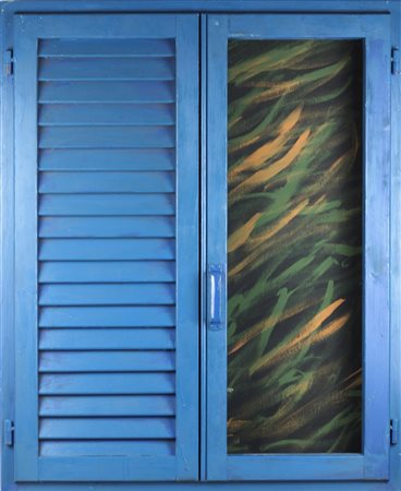 TANO FESTA, Persiana blu, Acrilici e legno Anno 1985 Dim. 100x80 Firmato al...