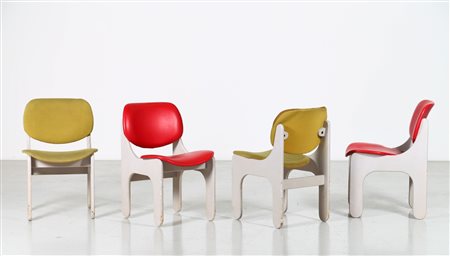 RINALDI GIORGIO Quattro sedie in legno laccato, tessuto e sky, mod. S10, per...