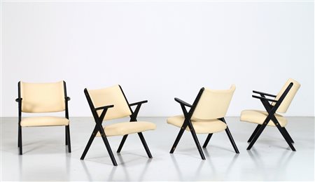 MOBILI DAL VERA Quattro poltroncine in legno e sky, anni 60. -. Cm 58,00 x...