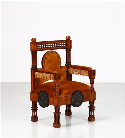 BUGATTI CARLO Attrib. Trono in noce, legno intarsiato e tessuto,1910. -. Cm...