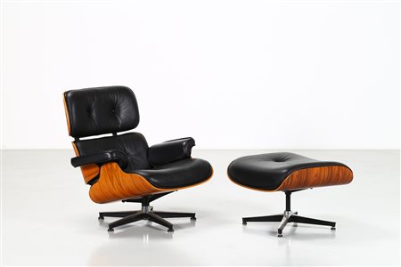 CHARLES & RAY EAMES (1907 - 1978) Poltrona con pouf, in palissandro curvato,...
