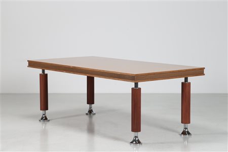 SAPORITI GIORGIO Tavolo in mogano, radica di tuia e metallo cromato, mod....