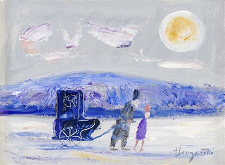 TRENTO LONGARETTI (1916 - 2017) Poveri con l'organetto Olio su tela applicata...