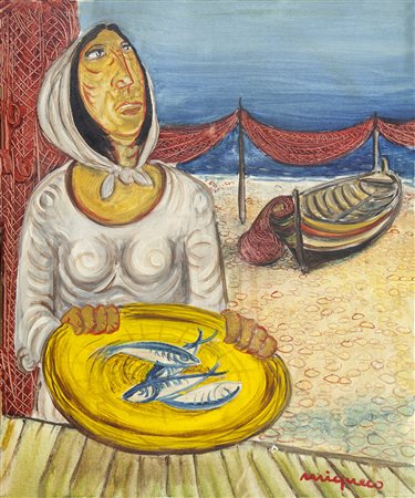 Giuseppe Migneco Messina 1903 – Milano 1997 "Pescivendola" olio su tela anno...